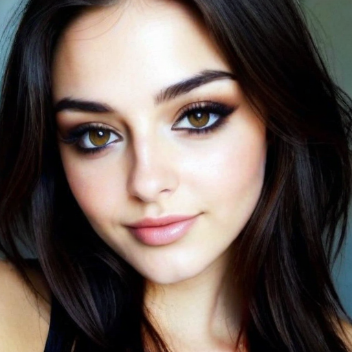 Photorealistic Portrait of a Woman with Smoky Eye Makeup, Warm Brown Eyes, and Long Dark Hair in Soft Natural Lighting Showcasing Elegant Beauty and Polished Makeup