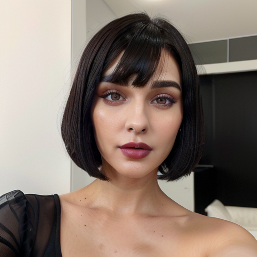Photorealistic portrait of a woman with short black bob hairstyle and bold makeup, featuring neutral background and elegant black sheer top, ideal for beauty and fashion content