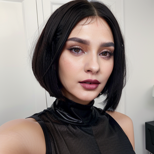 Photorealistic Portrait of Woman with Short Black Bob Hair, Neutral Makeup, and Chic Black Mesh Top in Modern Interior