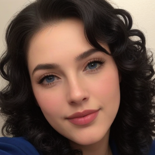 Photorealistic Close-Up Portrait of a Woman with Voluminous Curly Dark Hair, Blue Eyes, and Soft Pink Lip Makeup in a Blue Top, Captured in Studio Lighting for Beauty Photography