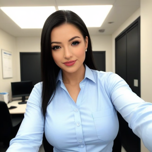 Professional businesswoman in light blue shirt taking selfie in modern office environment, photorealistic portrait with bright lighting, confident mood, corporate workspace setting