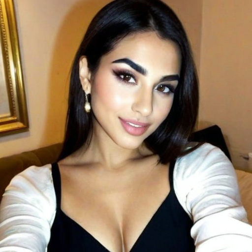 Stylish Portrait of a Woman with Long Dark Hair Wearing a Black Top and White Cardigan, Soft Makeup, and Pearl Earrings in a Warm-Lit Indoor Setting with Classic Framed Art on Wall