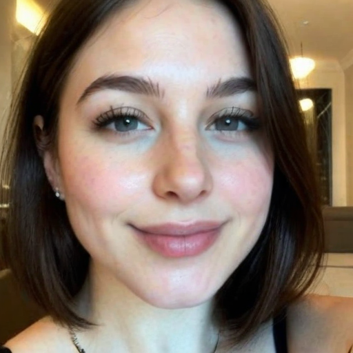 Close-up portrait of a young woman with short brown hair and natural makeup in a softly lit indoor environment, showcasing a warm and approachable facial expression with smooth skin and subtle elegance