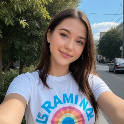Outdoor Portrait of a Smiling Young Woman Wearing a White 'GRAMINA' T-Shirt with Rainbow Design on a Sunlit City Street