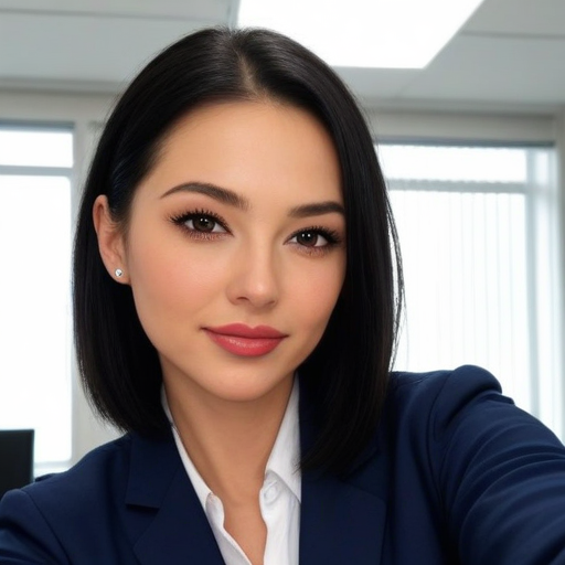 Photorealistic Portrait of a Professional Businesswoman in Navy Blue Suit with Sleek Bob Haircut, Office Background, Confident Expression, Soft Lighting and Natural Makeup