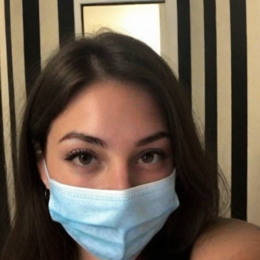 Photorealistic Portrait of a Woman Wearing a Light Blue Face Mask Against Vertical Black and White Striped Background in Natural Indoor Lighting