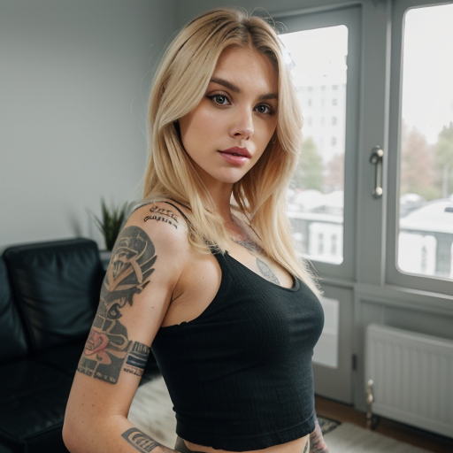 Photorealistic Portrait of a Young Woman with Tattoos Wearing a Black Crop Top in a Modern Indoor Setting with Natural Light and Stylish Interior Background