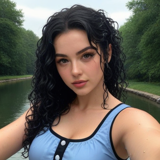 Photorealistic Self-Portrait of a Woman with Wet Dark Curly Hair in Light Blue Swimwear Beside a Serene Canal Surrounded by Lush Green Trees