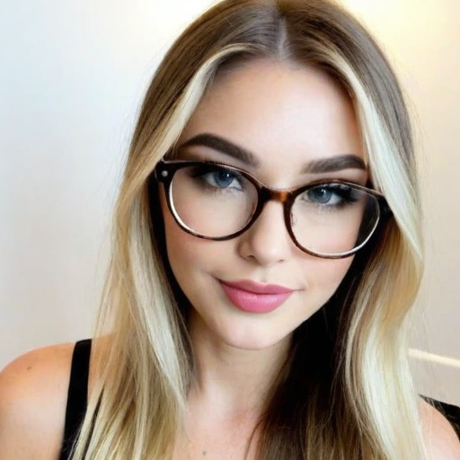 Portrait of a woman with blonde hair and stylish brown glasses, soft makeup, warm lighting, professional photography composition