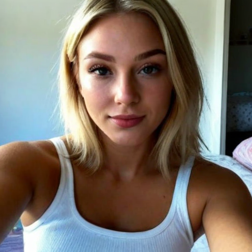 Portrait of a woman with blonde hair wearing a white tank top in a natural light setting, capturing a casual and serene mood with soft lighting and neutral tones