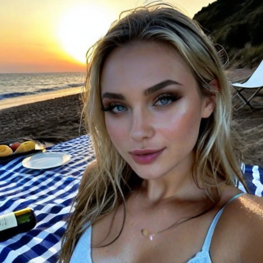 Serene Beach Sunset Portrait: Woman on Blue White Checkered Picnic Blanket with Ocean View and Fruit Platter, Golden Hour Lighting
