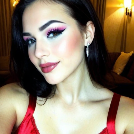 Stunning Glamorous Portrait of a Woman with Bold Pink and Purple Eyeshadow, Red Strap Dress, Soft Warm Lighting in Cozy Interior Setting for Beauty and Fashion Inspiration