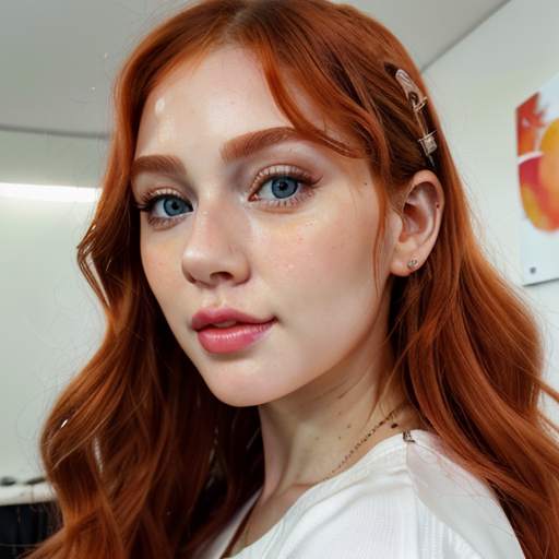 Stunning Photorealistic Portrait of a Woman with Long Wavy Red Hair, Bold Blue Eyes, and Elegant Makeup in a Studio Setting with Soft Lighting