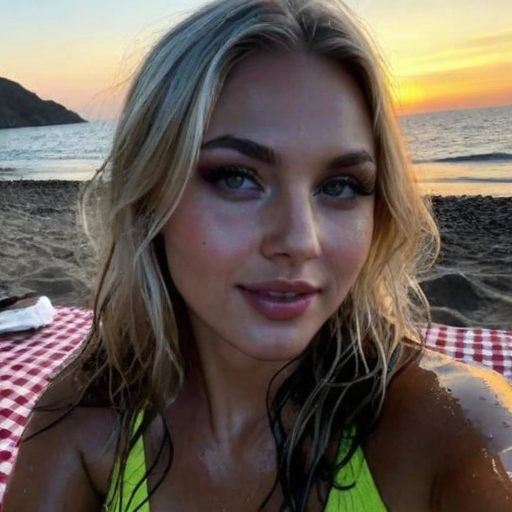 Stunning portrait of a woman with wet blonde hair in a neon yellow bikini top at sunset beach picnic, vibrant colors and relaxed mood captured in photorealistic photograph