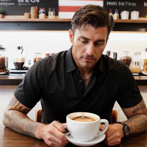 Stylish Man with Tattoos Holding a Fresh Cup of Coffee in a Cozy Modern Coffee Shop Interior, Photorealistic Portrait with Warm Colors and Relaxed Mood
