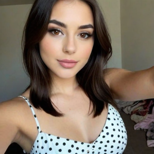 Stylish portrait of a woman in a white polka dot dress with long brown hair and natural makeup capturing confident and elegant mood in casual home setting