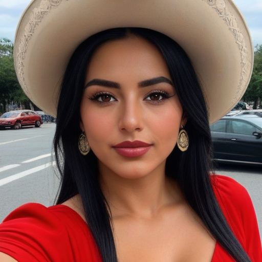 Stylish Portrait of a Woman in Red Dress and Wide-Brimmed Beige Hat Taking Selfie on Urban Street with Cars in Background