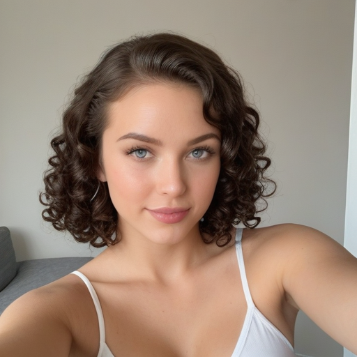 Stylish Portrait of a Woman with Curly Brown Hair in White Camisole, Soft Natural Lighting and Minimalist Background for a Chic and Confident Look