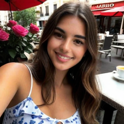 Beautiful young woman smiling in a sunny outdoor café with pink roses and coffee cup, vibrant colors, casual summer fashion photography portrait
