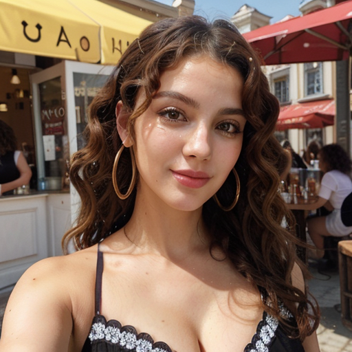 Outdoor Café Portrait of a Woman with Curly Hair Wearing a Black Lace Top in Sunlit Street Scene, Photorealistic Fashion Photography