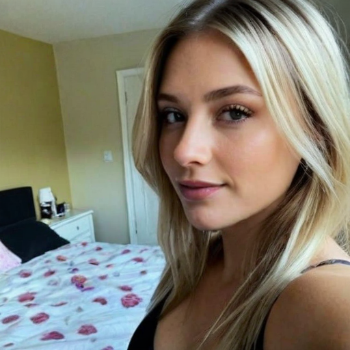 Photorealistic portrait of a blonde woman in a cozy bedroom with beige walls, pink floral bedding, and soft natural lighting creating a warm intimate atmosphere