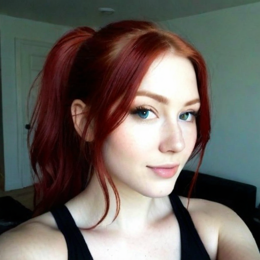Photorealistic portrait of a woman with vibrant red hair in a high ponytail, blue eyes, and natural makeup, showcasing a serene and confident mood in an indoor setting