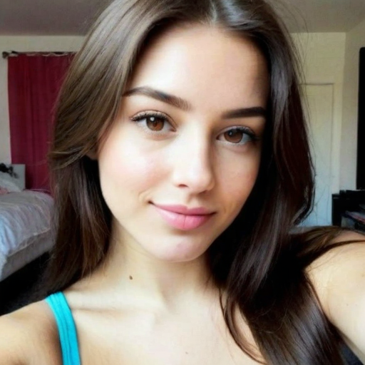 Photorealistic portrait of a young woman with long brown hair wearing a teal tank top in a cozy bedroom with soft natural lighting and warm tones