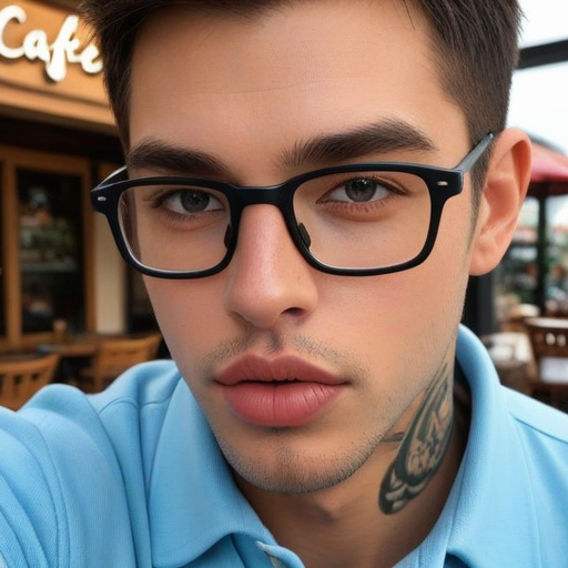 Portrait of a Young Man Wearing Black Eyeglasses and Light Blue Polo Shirt with Neck Tattoo at an Outdoor Café Setting, Photorealistic Style, Natural Lighting, Calm Mood