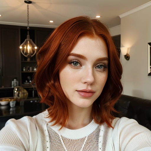 Red-haired woman with wavy hair wearing white knit sweater in modern kitchen interior, natural lighting, warm tones, casual self-portrait photograph