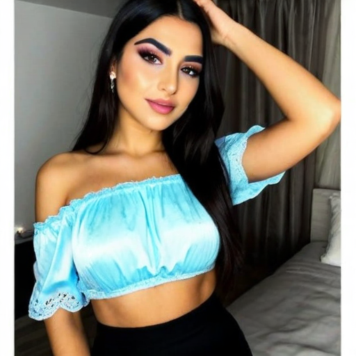 Stylish Portrait of a Woman Wearing Light Blue Off-Shoulder Crop Top with Lace Details, Long Dark Hair, and Smoky Eye Makeup in a Cozy Bedroom Setting