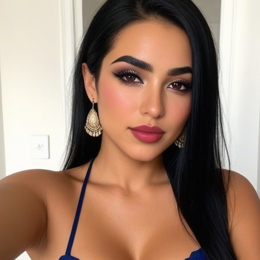 Beautiful Portrait of a Woman with Long Black Hair, Bold Makeup, Gold Earrings, Deep Blue Top, and Photorealistic Fashion Style for Glamour and Beauty Inspiration