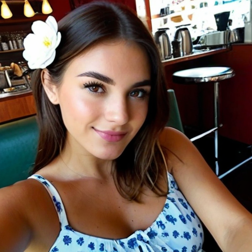 Cheerful portrait of a woman with a white flower in her hair wearing a blue floral dress in a cozy coffee shop with natural lighting and warm tones