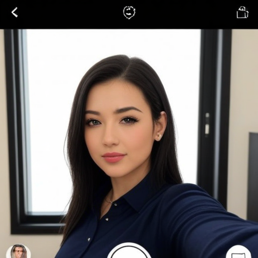 High-Resolution Photorealistic Selfie Portrait of a Confident Young Woman with Long Dark Hair Wearing a Navy Blue Button-Up Shirt in a Modern Office Setting with Natural Light and Minimalist Background for Professional Social Media Content