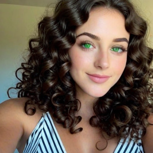 Photorealistic portrait of a stylish woman with voluminous chestnut curls, vibrant green eyes, and a soft smile in a black and white striped top
