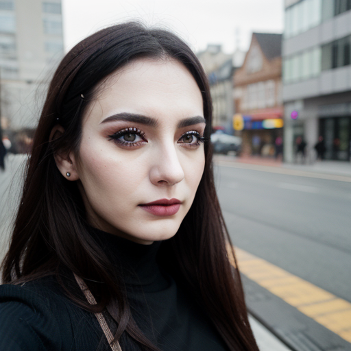 Photorealistic Portrait of a Woman with Dark Hair and Bold Makeup Standing on a City Street at Dusk, Urban Background, Warm and Cool Tones, Confident Mood, Balanced Composition