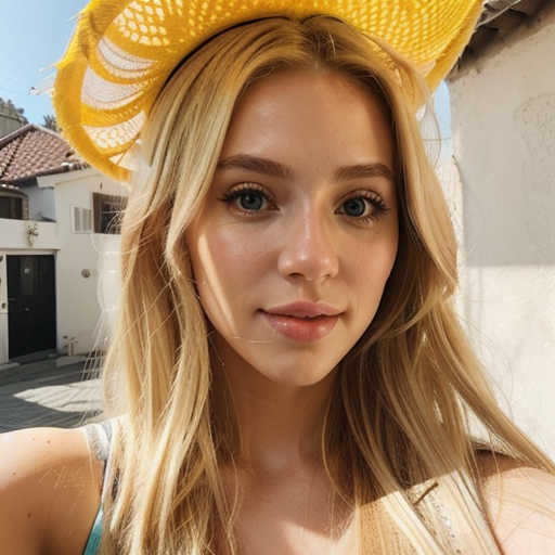 Sunny outdoor portrait of a blonde woman wearing a bright yellow straw hat, natural light, vibrant colors, casual summer mood, photorealistic style with detailed facial features