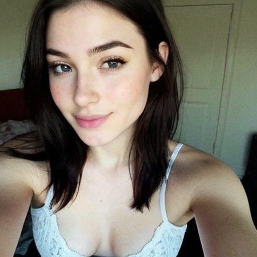 Close-up Photorealistic Portrait of Young Woman with Dark Brown Hair Wearing Light Blue Lace Top in Sunlit Bedroom, Soft Natural Lighting, Candid Selfie Style, Modern Fashion, Calm and Approachable Mood