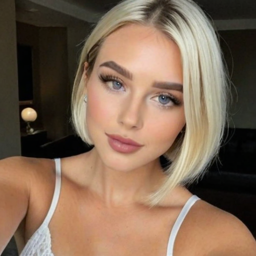Stunning photorealistic portrait of a blonde woman with blue eyes wearing a white camisole, elegant makeup, and soft lighting in a modern indoor setting, capturing a serene and stylish mood