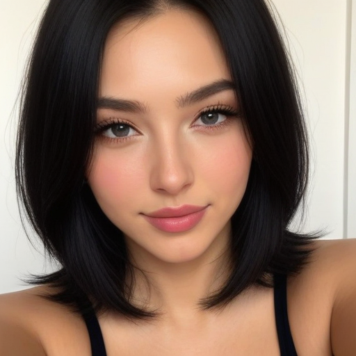 Photorealistic portrait of a woman with sleek black bob hairstyle, soft makeup, pink lips, and warm blush tones in a close-up composition with natural lighting