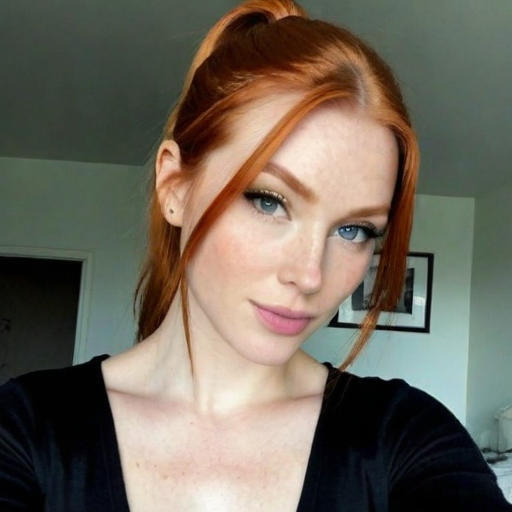 Red Haired Woman with High Ponytail in Natural Lighting, Portraiture Photograph with Soft Makeup and Calm Expression Capturing Elegance and Confidence in Indoor Setting
