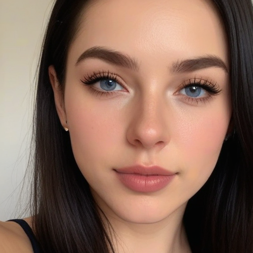 Close-Up Portrait of a Woman with Blue Eyes and Long Dark Hair in Soft Natural Lighting Photorealistic Beauty Photography