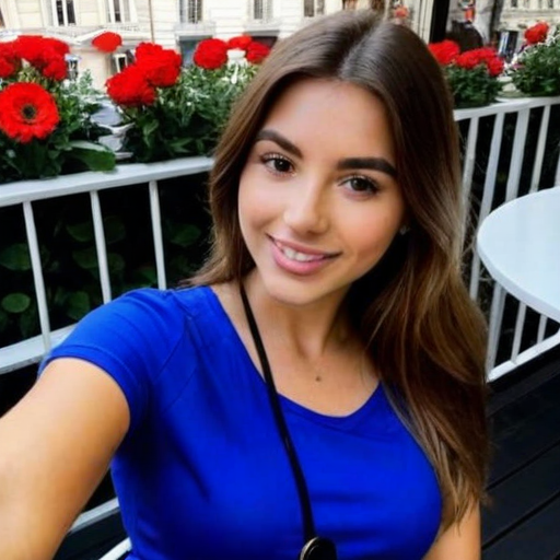 Stylish woman in blue dress taking selfie with vibrant red flower background on sunny outdoor balcony
