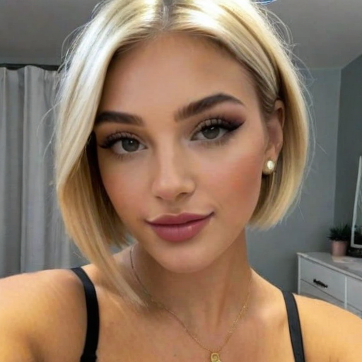 Photorealistic Portrait of a Confident Woman with Short Blonde Bob Hair, Dramatic Eye Makeup, and Gold Earrings in a Modern Indoor Setting