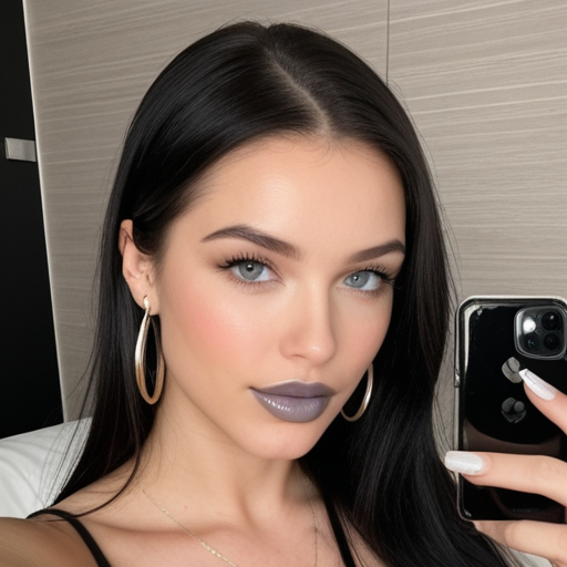 Photorealistic portrait of a woman with long black hair, silver hoop earrings, gray lipstick, holding a smartphone in a modern indoor setting with soft lighting and neutral tones