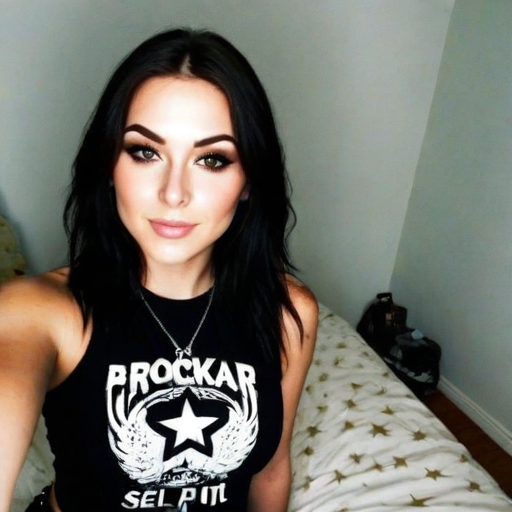 Confident Female Portrait Taking a Selfie in a Cozy Room with Star-Printed Bed, Wearing Black Prockar Tank Top with Star Design and Bold Makeup