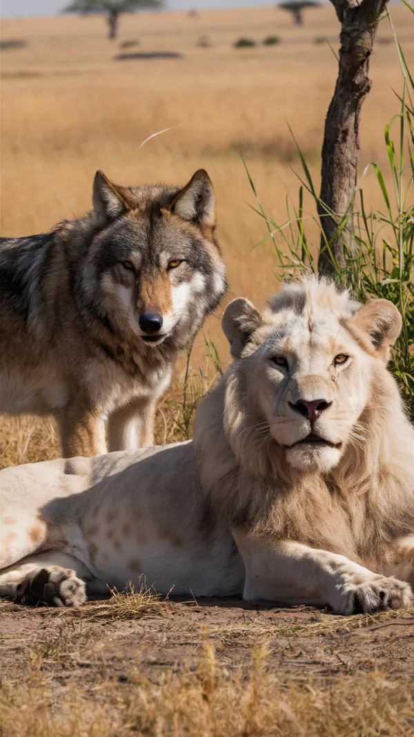 Photorealistic Wildlife Photography of a White Lion and Wolf in Serene African Savanna Landscape with Golden Grasses and Scenic Tree Background