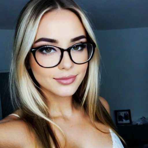 Confident Photorealistic Portrait of a Woman with Blonde Hair, Black Glasses, and Light Skin Tone in a Minimalist Indoor Setting