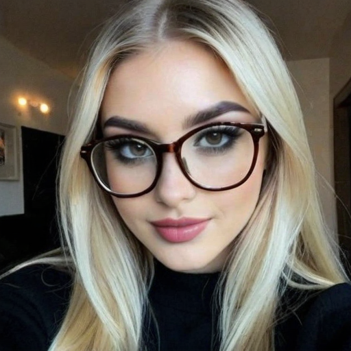 Portrait of a blonde woman with brown eyeglasses and bold makeup in a warm-lit indoor setting, photorealistic close-up selfie style showing elegance and confidence