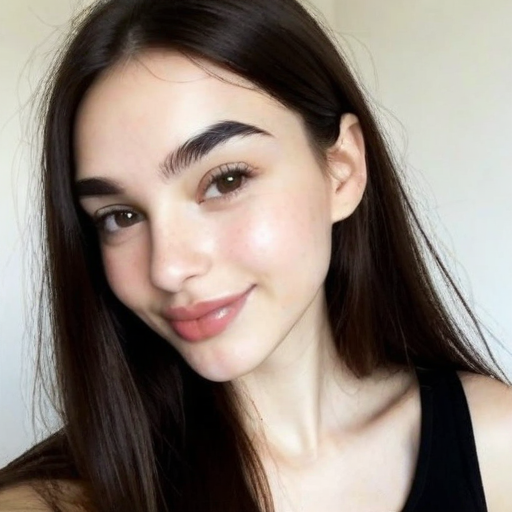 Close-up portrait of a woman with smooth skin, natural makeup, long brown hair, and soft natural lighting exuding confidence and elegance