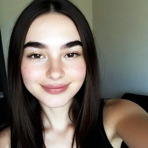 Photorealistic Portrait of a Confident Woman with Long Dark Hair and Smooth Skin, Wearing a Black Top, Warm Natural Lighting, and Neutral Background Composition
